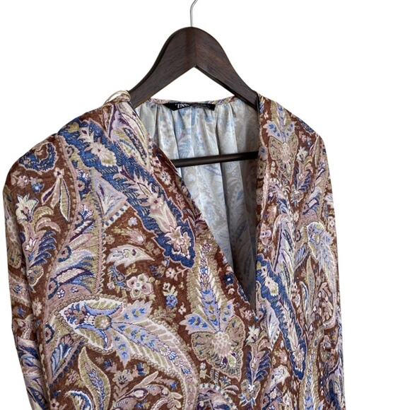 Zara Brown, Blue and Green Paisley Oversized Silky Blouse - Medium - Picture 2 of 5